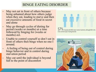 BINGE EATING DISORDER
- May not eat in front of others because
being ashamed about how others judge
when they eat, leading to starve and then
eat excessive amounts of food in secret
and alone
- May go through cycles of dieting for
period (weeks or months) at a time
followed by binging for (weeks or
months) ect.
- Unable to control yourself so don‟t eat in
front of others then binge when no one I
around.
- A feeling of being out of control during
binge behavior and in control during
starvation period
- May eat until the individual is beyond
full to the point of discomfort

 