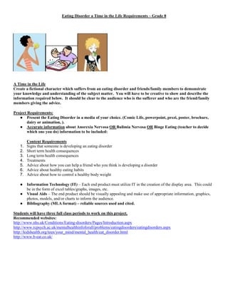 Eating Disorder a Time in the Life Requirements – Grade 8

A Time in the Life
Create a fictional character which suffers from an eating disorder and friends/family members to demonstrate
your knowledge and understanding of the subject matter. You will have to be creative to show and describe the
information required below. It should be clear to the audience who is the sufferer and who are the friend/family
members giving the advice.
Project Requirements:
● Present the Eating Disorder in a media of your choice. (Comic Life, powerpoint, prezi, poster, brochure,
dairy or animation, ).
● Accurate information about Anorexia Nervosa OR Bulimia Nervosa OR Binge Eating (teacher to decide
which one you do) information to be included:

1.
2.
3.
4.
5.
6.
7.
●
●
●

Content Requirements
Signs that someone is developing an eating disorder
Short term health consequences
Long term health consequences
Treatments
Advice about how you can help a friend who you think is developing a disorder
Advice about healthy eating habits
Advice about how to control a healthy body weight
Information Technology (IT) – Each end product must utilize IT in the creation of the display area. This could
be in the form of excel tables/graphs, images, etc.
Visual Aids – The end product should be visually appealing and make use of appropriate information, graphics,
photos, models, and/or charts to inform the audience.
Bibliography (MLA format) – reliable sources used and cited.

Students will have three full class periods to work on this project.
Recommended websites:
http://www.nhs.uk/Conditions/Eating-disorders/Pages/Introduction.aspx
http://www.rcpsych.ac.uk/mentalhealthinfoforall/problems/eatingdisorders/eatingdisorders.aspx
http://kidshealth.org/teen/your_mind/mental_health/eat_disorder.html
http://www.b-eat.co.uk/

 