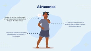 Atracones
Las personas con trastorno por
atracón siguen comiendo incluso
después de estar llenas.
La persona con periodos de
atracon puede llegar a comer
demasiado rapido.
Uno de los sintomas es comer
hasta sentirse incomodos o
incomodas
