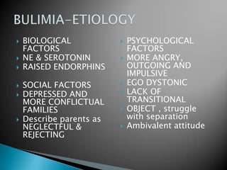 BIOLOGICAL FACTORSNE & SEROTONINRAISED ENDORPHINSSOCIAL FACTORSDEPRESSED AND MORE CONFLICTUAL FAMILIESDescribe parents as NEGLECTFUL & REJECTINGPSYCHOLOGICAL FACTORSMORE ANGRY, OUTGOING AND IMPULSIVEEGO DYSTONIC LACK OF TRANSITIONALOBJECT , struggle with separation Ambivalent attitude BULIMIA-ETIOLOGY
