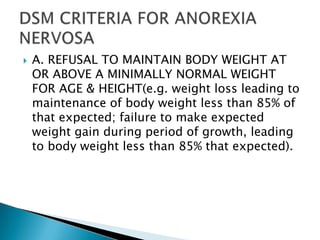A. REFUSAL TO MAINTAIN BODY WEIGHT AT OR ABOVE A MINIMALLY NORMAL WEIGHT FOR AGE & HEIGHT(e.g. weight loss leading to maintenance of body weight less than 85% of that expected; failure to make expected weight gain during period of growth, leading to body weight less than 85% that expected).DSM CRITERIA FOR ANOREXIA NERVOSA