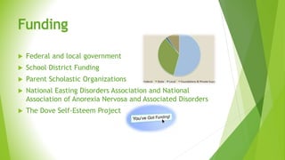 Funding
 Federal and local government
 School District Funding
 Parent Scholastic Organizations
 National Easting Disorders Association and National
Association of Anorexia Nervosa and Associated Disorders
 The Dove Self-Esteem Project
 
