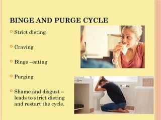 BINGE AND PURGE CYCLE
 Strict dieting
 Craving
 Binge –eating
 Purging
 Shame and disgust –
leads to strict dieting
and restart the cycle.
 