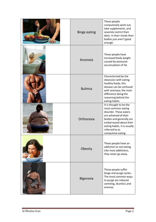 © Montse Irun Page 2
Binge eating
These people
compulsively work out,
take supplements, and
severely restrict their
diets. In their minds their
bodies just aren’t good
enough.
Anorexia
These people have
increased body weight
caused by excessive
accumulation of fat.
Bulimia
Characterized by the
obsession with eating
healthy foods, this
disease can be confused
with anorexia; the main
difference being the
reasoning behind the
eating habits.
Orthorexia
It is thought to be the
most common eating
disorder. These eaters
are ashamed of their
bodies and generally are
embarrassed about their
eating habits. It is usually
referred to as
compulsive eating.
Obesity
These people have an
addiction to not eating.
Like most addictions,
they never go away.
Bigorexia
These people suffer
binge and purge cycles.
The most common ways
to purge are induced
vomiting, diuretics and
enemas.
 