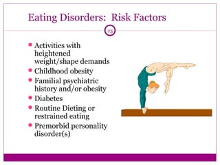 Eating Disorders: Risk Factors 
23 
Activities with 
heightened 
weight/shape demands 
Childhood obesity 
Familial psychiatric 
history and/or obesity 
Diabetes 
Routine Dieting or 
restrained eating 
Premorbid personality 
disorder(s) 
 