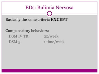 EDs: Bulimia Nervosa 
Basically the same criteria EXCEPT 
Compensatory behaviors: 
DSM IV TR 2x/week 
DSM 5 1 time/week 
 