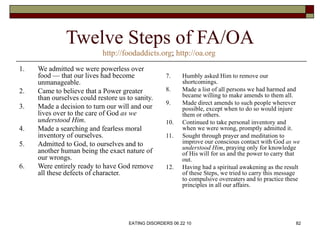 Twelve Steps of FA/OA
                            http://foodaddicts.org; http://oa.org
1.   We admitted we were powerless...