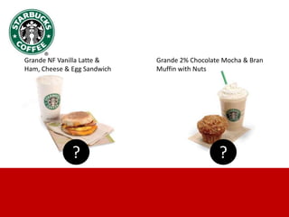 Grande NF Vanilla Latte &
Ham, Cheese & Egg Sandwich
Grande 2% Chocolate Mocha & Bran
Muffin with Nuts
? ?
 