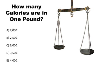 How many
Calories are in
One Pound?
A) 2,000
B) 2,500
C) 3,000
D) 3,500
E) 4,000
 