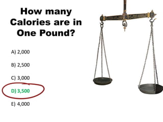 How many
Calories are in
One Pound?
A) 2,000
B) 2,500
C) 3,000
D) 3,500
E) 4,000
 