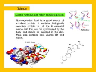 Meat is nutritious and rich in complete protein
Non-vegetarian food is a good source of
excellent protein. It contains biologically
complete protein i.e. all the 8 essential
amino acid that are not synthesized by the
body and should be supplied in the diet.
Meat also contains iron, vitamin B1 and
niacin.

 