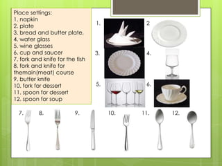 Place settings:
1. napkin
                                 1.          2.
2. plate
3. bread and butter plate,
4. water glass
5. wine glasses
6. cup and saucer                3.          4.
7. fork and knife for the fish
8. fork and knife for
themain(meat) course
9. butter knife
10. fork for dessert             5.          6.
11. spoon for dessert
12. spoon for soup

  7.      8.             9.           10.   11.   12.
 