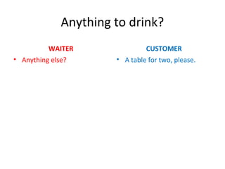 Anything to drink?
WAITER
• Anything else?
CUSTOMER
• A table for two, please.
 
