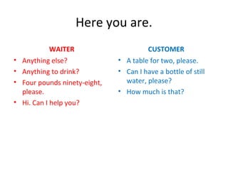 Here you are.
WAITER
• Anything else?
• Anything to drink?
• Four pounds ninety-eight,
please.
• Hi. Can I help you?
CUSTOMER
• A table for two, please.
• Can I have a bottle of still
water, please?
• How much is that?
 