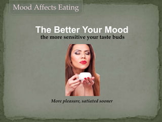 Mood Affects Eating
The Better Your Mood
the more sensitive your taste buds
More pleasure, satiated sooner
 