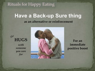 Rituals for Happy Eating
Have a Back-up Sure thing
as an alternative or reinforcement
HUGS For an
immediate
positive boost
with
someone
you care
for
 