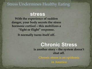 Stress Undermines Healthy Eating
stress
With the experience of sudden
danger, your body secrets the stress
hormone cortisol – this mobilizes a
“fight or flight” response.
It normally turns itself off.
Chronic Stress
is another story – the system doesn’t
shut off.
Chronic stress is an epidemic
in America
 