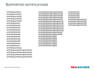 SUPPORTED NOTIFICATIONS
   sendTileSquareBlock                sendTileWideSmallImageAndText01     sendToastText01
   sendTileSquareText01               sendTileWideSmallImageAndText02     sendToastText02
   sendTileSquareText02               sendTileWideSmallImageAndText03     sendToastText03
                                      sendTileWideSmallImageAndText04     sendToastText04
   sendTileSquareText03               sendTileWideSmallImageAndText05     sendToastImageAndText01
   sendTileSquareText04               sendTileWidePeekImageCollection01   sendToastImageAndText02
   sendTileWideText01                 sendTileWidePeekImageCollection02   sendToastImageAndText03
   sendTileWideText02                 sendTileWidePeekImageCollection03   sendToastImageAndText04
   sendTileWideText03                 sendTileWidePeekImageCollection04
                                      sendTileWidePeekImageCollection05
   sendTileWideText04                 sendTileWidePeekImageCollection06
   sendTileWideText05                 sendTileWidePeekImageAndText01
   sendTileWideText06                 sendTileWidePeekImageAndText02
   sendTileWideText07                 sendTileWidePeekImage01
   sendTileWideText08                 sendTileWidePeekImage02
                                      sendTileWidePeekImage03
   sendTileWideText09                 sendTileWidePeekImage04
   sendTileWideText10                 sendTileWidePeekImage05
   sendTileWideText11                 sendTileWidePeekImage06
   sendTileSquareImage
   sendTileSquarePeekImageAndText01
   sendTileSquarePeekImageAndText02
   sendTileSquarePeekImageAndText03
   sendTileSquarePeekImageAndText04




MARCH 28, 2013 | SLIDE 24
 