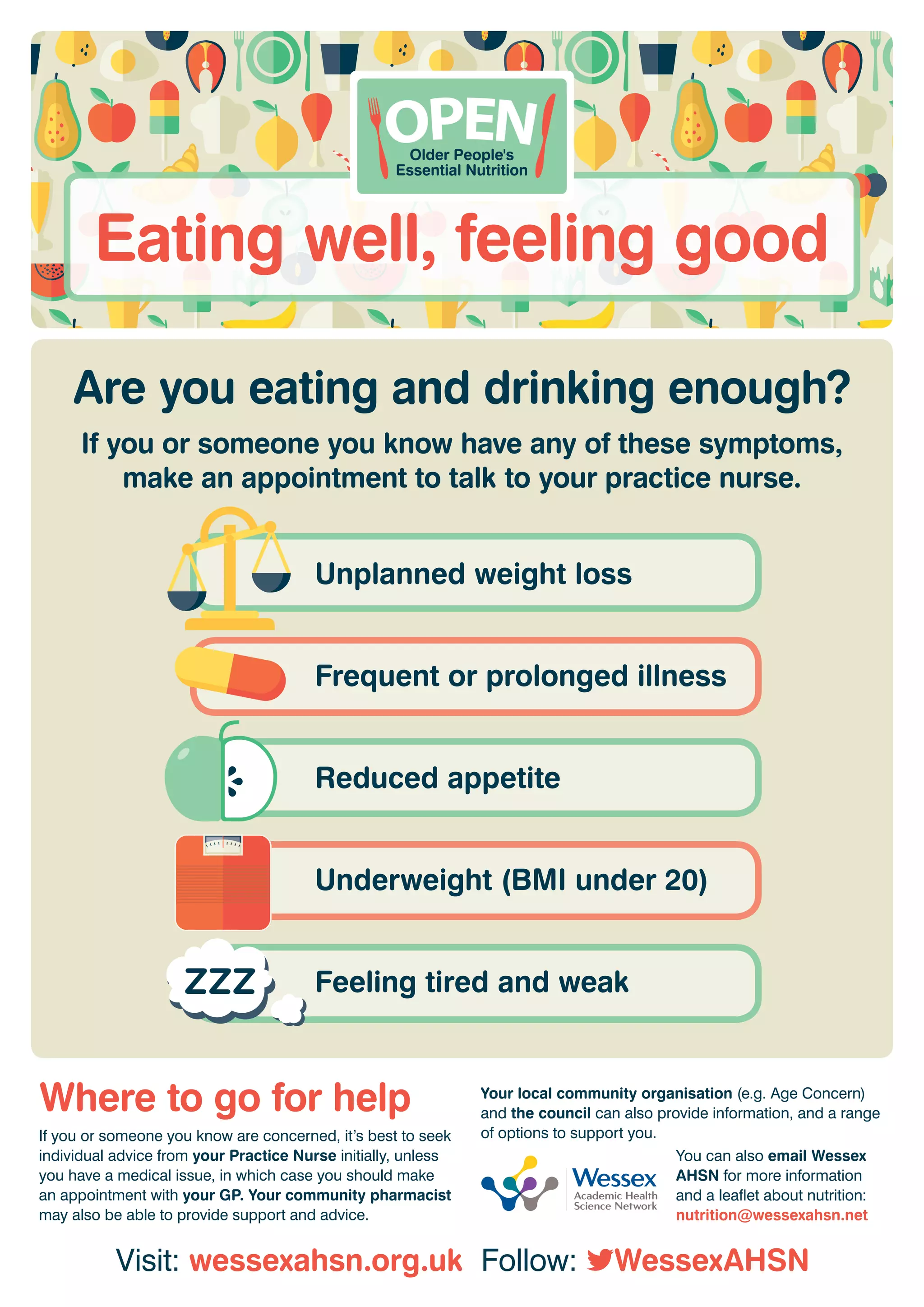 Eating well, feeling good
If you or someone you know are concerned, it’s best to seek
individual advice from your Practice Nurse initially, unless
you have a medical issue, in which case you should make
an appointment with your GP. Your community pharmacist
may also be able to provide support and advice.
Your local community organisation (e.g. Age Concern)
and the council can also provide information, and a range
of options to support you.
You can also email Wessex
AHSN for more information
and a leaflet about nutrition:
nutrition@wessexahsn.net
Where to go for help
Are you eating and drinking enough?
Unplanned weight loss
Frequent or prolonged illness
Reduced appetite
Underweight (BMI under 20)
Feeling tired and weak
If you or someone you know have any of these symptoms,
make an appointment to talk to your practice nurse.
Visit: wessexahsn.org.uk Follow: WessexAHSN