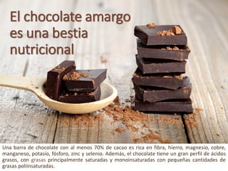 El chocolate amargoesunabestianutricional 
Unabarradechocolateconalmenos70%decacaoesricaenfibra,hierro,magnesio,cobre, manganeso,potasio,fósforo,zincyselenio.Además,elchocolatetieneungranperfildeácidosgrasos,congrasasprincipalmentesaturadasymonoinsaturadasconpequeñascantidadesdegrasaspoliinsaturadas.  