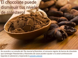 El chocolate puededisminuirtusnivelesde colesterol 
De acuerdoa un estudiodel The Journal of Nutrition, el consumoregular de barrasde chocolate quecontenganfitoesterolesy flavonolesde cacao puedenayudara la saludcardiovascular bajandoel colesteroly mejorandola presión arterial.  