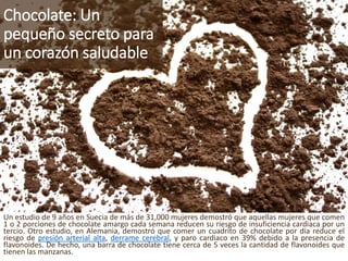 Chocolate: Un pequeñosecretopara un corazónsaludable 
Unestudiode9añosenSueciademásde31,000mujeresdemostróqueaquellasmujeresquecomen1o2porcionesdechocolateamargocadasemanareducensuriesgodeinsuficienciacardiacaporuntercio.Otroestudio,enAlemania,demostróquecomeruncuadritodechocolatepordíareduceelriesgodepresiónarterialalta,derramecerebral,yparocardiacoen39%debidoalapresenciadeflavonoides.Dehecho,unabarradechocolatetienecercade5veceslacantidaddeflavonoidesquetienenlasmanzanas.  