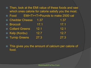 Then, look at the EMI value of these foods and see
which ones calorie for calorie satisfy you the most.
 Food EMI<T><T>Pounds to make 2500 cal
 Cheddar Cheese 1.37 1.37
 Broccoli 17.1 17.1
 Collard Greens 12.1 12.1
 Kelp (Konbu) 12.7 12.7
 Turnip Greens 27.3 27.3
 This gives you the amount of calcium per calorie of
food.
WebHealthForYou.Com
 