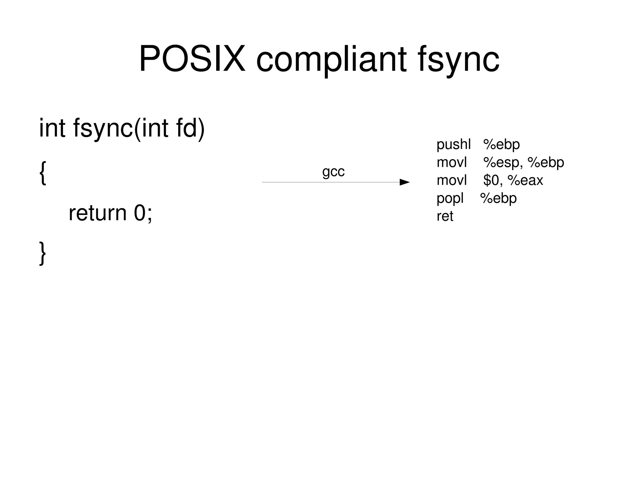 POSIX compliant fsync int fsync(int fd) { return 0; } pushl  %ebp movl  %esp, %ebp movl  $0, %eax popl  %ebp ret gcc 
