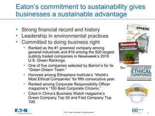 Eaton’s commitment to sustainability gives
businesses a sustainable advantage

• Strong financial record and history
• Leadership in environmental practices
• Committed to doing business right
   • Ranked as the #1 greenest company among
     general industrials and #16 among the 500 largest
     publicly traded companies in Newsweek’s 2010
     U.S. Green Rankings.
   • One of five companies selected by Barron’s for its
     “Green Dream Team.”
   • Honored among Ethisphere Institute’s “World’s
     Most Ethical Companies” for fifth consecutive year.
   • Ranked among Corporate Responsibility Officer
     magazine’s “100 Best Corporate Citizens.”
   • Cited in China’s Business Watch magazine’s
     Green Company Top 50 and Fast Company Top
     100.

                          © 2011 Eaton Corporation. All rights reserved.   6   6
 
