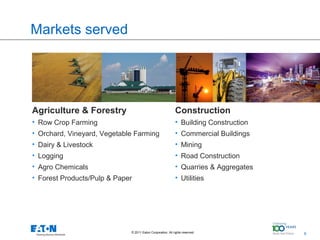 Markets served




Agriculture & Forestry                                      Construction
• Row Crop Farming                                          • Building Construction
• Orchard, Vineyard, Vegetable Farming                      • Commercial Buildings
• Dairy & Livestock                                         • Mining
• Logging                                                   • Road Construction
• Agro Chemicals                                            • Quarries & Aggregates
• Forest Products/Pulp & Paper                              • Utilities




                             © 2011 Eaton Corporation. All rights reserved.       9   9
 