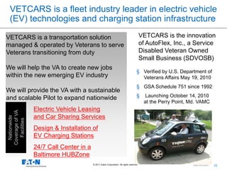 VETCARS is a fleet industry leader in electric vehicle
 (EV) technologies and charging station infrastructure

VETCARS is a transportation solution                                                      VETCARS is the innovation
managed & operated by Veterans to serve                                                   of AutoFlex, Inc., a Service
Veterans transitioning from duty                                                          Disabled Veteran Owned
                                                                                          Small Business (SDVOSB)
We will help the VA to create new jobs
                                                                                     § Verified by U.S. Department of
within the new emerging EV industry                                                    Veterans Affairs May 19, 2010
                                                                                     § GSA Schedule 751 since 1992
We will provide the VA with a sustainable
and scalable Pilot to expand nationwide                                              §     Launching October 14, 2010
                                                                                           at the Perry Point, Md. VAMC
                 Electric Vehicle Leasing
Coverage of VA




                 and Car Sharing Services                                            §
 Nationwide

  Facilities




                 Design & Installation of
                 EV Charging Stations
                 24/7 Call Center in a
                 Baltimore HUBZone
                                         © 2011 Eaton Corporation. All rights reserved.               23
                                                                                                                          23
 