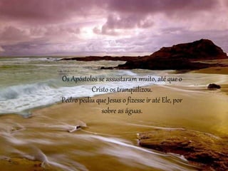 Os Apóstolos se assustaram muito, até que o
Cristo os tranqüilizou.
Pedro pediu que Jesus o fizesse ir até Ele, por
sobre as águas.
 