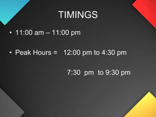 COMMON DISHES Mc Donalds –burger,icecream,soft drink.Dominos –pizza.Baskin robins- ice creamBackers shop- pastries.Haldiram-raj kachori,cholebhatoore,specialthali.
