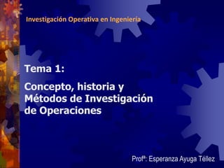 Profª: Esperanza Ayuga Téllez
Tema 1:
Concepto, historia y
Métodos de Investigación
de Operaciones
Investigación Operativa en Ingeniería
 