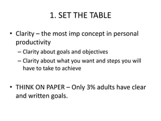 1. SET THE TABLEClarity – the most imp concept in personal productivity Clarity about goals and objectivesClarity about what you want and steps you will have to take to achieveTHINK ON PAPER – Only 3% adults have clear and written goals.  