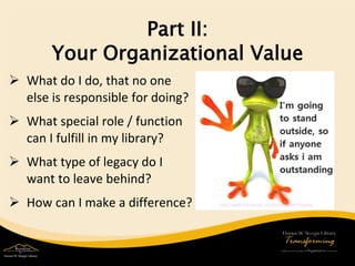 Part II: Your Organizational Value 
 
What do I do, that no one else is responsible for doing? 
 
What special role / function can I fulfill in my library? 
 
What type of legacy do I want to leave behind? 
 
How can I make a difference?  