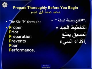 Prepare Thoroughly Before You Begin  استعد تماماً قبل البدء <ul><li>The Six &quot;P&quot; formula:   </li></ul><ul><li>P r...