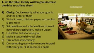1. Set the table: Clearly written goals increase
the drive to achieve them!
1) Clarity: Decide exactly what your goal is,
...