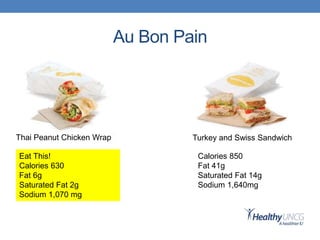 Au Bon Pain
Eat This!
Calories 630
Fat 6g
Saturated Fat 2g
Sodium 1,070 mg
Calories 850
Fat 41g
Saturated Fat 14g
Sodium 1,640mg
Thai Peanut Chicken Wrap Turkey and Swiss Sandwich
 
