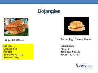 Bojangles
Cajun Filet Biscuit Bacon, Egg, Cheese Biscuit
Calories 550
Fat 37g
Saturated Fat 21g
Sodium 1280 mg
Eat this!
Calories 515
Fat 28g
Saturated Fat 12g
Sodium 1000g
 
