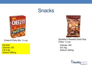 Snacks
Cheez-It Party Mix- ½ cup
Gardetto’s Roasted Garlic Rye
Chips- ½ cup
Eat this!
Calories 120
Fat 4.5g
Sodium 290mg
Calories 160
Fat 10g
Sodium 340mg
 
