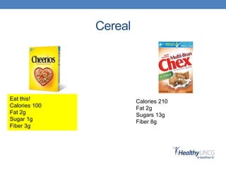 Cereal
Eat this!
Calories 100
Fat 2g
Sugar 1g
Fiber 3g
Calories 210
Fat 2g
Sugars 13g
Fiber 8g
 