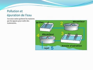 Pollution et épuration de l’eauLes eaux usées quittent les maisons par les égouts pour subir des traitements.