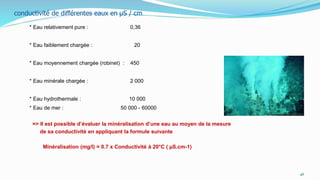 conductivité de différentes eaux en µS / cm
* Eau relativement pure : 0,36
* Eau faiblement chargée : 20
* Eau moyennement chargée (robinet) : 450
* Eau minérale chargée : 2 000
* Eau hydrothermale : 10 000
* Eau de mer : 50 000 - 60000
=> Il est possible d’évaluer la minéralisation d’une eau au moyen de la mesure
de sa conductivité en appliquant la formule suivante
Minéralisation (mg/l) = 0.7 x Conductivité à 20°C ( µS.cm-1)
46
 