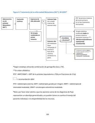 100
Figura 4: Tratamiento de la enfermedad Metastásica (M1*), M+HSPC#
*Según estadiaje utilizando combinación de gamagrafía ósea y TAC.
**En orden alfabético
RTE1: IMRT/VMAT + IGRT de la próstata (equivalente a 72Gy en fracciones de 2 Gy)
= recomendación débil
RTE= radioterapia externa; IGRT= radioterapia guiada por imagen; IMRT= radioterapia de
intensidad modulada; VMAT= arcoterapia volumétrica modulada.
#Nota: por favor estar atento a que las opciones varias de los diagramas de flujo
representan un abordaje generalizado y no pueden tomar en cuenta el manejo del
paciente individual, ni la disponibilidad de los recursos.
Adenocarcino
ma de
próstata
Metastásico
(M1*)
Castración
continua
Esperanza de
vida adecuada
Sin terapia
combinada en
primer
instancia
Volumen bajo
(sin cumplir
criterios de
volumen alto)
Volumen alto
(≥4 metástasis
óseas
incluyendo ≥1
visceral O
fuera de la
columna
vertebral o la
pelvis
Combinación sistémica triple de
entrada: castración continua +**:
-Docetaxel 6x +
abiraterona/prednisona
-Docetaxel 6x + darolutamida
RTE1
de primera instancia
del tumor primario
(si no hay tratamiento
local previo)
Terapia sistémica
combinada doble de
primera instancia:
castración continua +**:
-abiraterona/prednisona
-apalutamida
-enzalutamida
¿Candidato
a docetaxel?
Sí
 