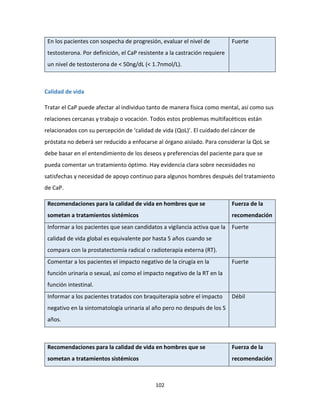 102
En los pacientes con sospecha de progresión, evaluar el nivel de
testosterona. Por definición, el CaP resistente a la castración requiere
un nivel de testosterona de < 50ng/dL (< 1.7nmol/L).
Fuerte
Calidad de vida
Tratar el CaP puede afectar al individuo tanto de manera física como mental, así como sus
relaciones cercanas y trabajo o vocación. Todos estos problemas multifacéticos están
relacionados con su percepción de ‘calidad de vida (QoL)’. El cuidado del cáncer de
próstata no deberá ser reducido a enfocarse al órgano aislado. Para considerar la QoL se
debe basar en el entendimiento de los deseos y preferencias del paciente para que se
pueda comentar un tratamiento óptimo. Hay evidencia clara sobre necesidades no
satisfechas y necesidad de apoyo continuo para algunos hombres después del tratamiento
de CaP.
Recomendaciones para la calidad de vida en hombres que se
sometan a tratamientos sistémicos
Fuerza de la
recomendación
Informar a los pacientes que sean candidatos a vigilancia activa que la
calidad de vida global es equivalente por hasta 5 años cuando se
compara con la prostatectomía radical o radioterapia externa (RT).
Fuerte
Comentar a los pacientes el impacto negativo de la cirugía en la
función urinaria o sexual, así como el impacto negativo de la RT en la
función intestinal.
Fuerte
Informar a los pacientes tratados con braquiterapia sobre el impacto
negativo en la sintomatología urinaria al año pero no después de los 5
años.
Débil
Recomendaciones para la calidad de vida en hombres que se
sometan a tratamientos sistémicos
Fuerza de la
recomendación
 