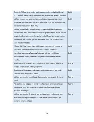 108
Omitir la TAC de tórax en los pacientes con enfermedad incidental
cT1a debido al bajo riesgo de metástasis pulmonares en esta cohorte.
Débil
Utilizar imagen por resonancia magnética para evaluar de mejor
manera el involucro venoso, reducir la radiación o evitar el medio de
contraste intravenoso de la TAC.
Débil
Utilizar modalidades no ionizantes, incluyendo RM y ultrasonido
contrastado, para la caracterización subsiguiente de las masas renales
pequeñas, trombos tumorales y diferenciación de las masas renales
sin claridad, en caso de que los resultados de la TAC con contraste
sean indeterminados.
Fuerte
Ofrecer TAC/RM cerebral en pacientes con metástasis cuando se
considere nefrectomía citorreductora o terapia sistémica.
Débil
No utilizar gammagrafía ósea y/o tomografía por emisión de
positrones de rutina para el estadiaje del carcinoma de células
renales.
Débil
Realizar una biopsia del tumor renal antes de la terapia ablativa y
terapia sistémica sin patología previa.
Fuerte
Realizar una biopsia percutánea en pacientes selectos que estén
considerando la vigilancia activa.
Débil
Utilizar una técnica coaxial cuando se realice una biopsia de tumor
renal.
Fuerte
No realizar una biopsia de tumor renal a masas quísticas renales a
menos que haya un componente sólido significativo visible en
estudios de imagen.
Fuerte
Utilizar una técnica de biopsia por aguja de corte en lugar de una
aspiración por aguja dina para la caracterización histológica de
tumores renales sólidos.
Fuerte
 