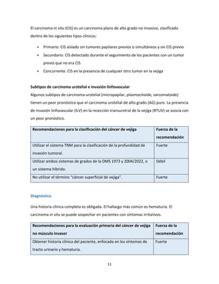 11
El carcinoma in situ (CIS) es un carcinoma plano de alto grado no invasivo, clasificado
dentro de los siguientes tipos clínicos:
 Primario: CIS aislado sin tumores papilares previos o simultáneos y sin CIS previo
 Secundario: CIS detectado durante el seguimiento de los pacientes con un tumor
previo que no era CIS
 Concurrente: CIS en la presencia de cualquier otro tumor en la vejiga
Subtipos de carcinoma urotelial e invasión linfovascular
Algunos subtipos de carcinoma urotelial (micropapilar, plasmocitoide, sarcomatoide)
tienen un peor pronóstico que el carcinoma urotelial de alto grado (AG) puro. La presencia
de invasión linfovascular (ILV) en la resección transuretral de la vejiga (RTUV) se asocia con
un peor pronóstico.
Recomendaciones para la clasificación del cáncer de vejiga Fuerza de la
recomendación
Utilizar el sistema TNM para la clasificación de la profundidad de
invasión tumoral.
Fuerte
Utilizar ambos sistemas de grados de la OMS 1973 y 2004/2022, o
un sistema híbrido.
Débil
No utilizar el término “cáncer superficial de vejiga”. Fuerte
Diagnóstico
Una historia clínica completa es obligada. El hallazgo más común es hematuria. El
carcinoma in situ se puede sospechar en pacientes con síntomas irritativos.
Recomendaciones para la evaluación primaria del cáncer de vejiga
no músculo invasor
Fuerza de la
recomendación
Obtener historia clínica del paciente, enfocada en los síntomas de
tracto urinario y hematuria.
Fuerte
 