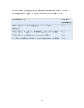 110
caquexia, anemia, conteo plaquetario, índice neutrófilo/linfocito, proteína C reactiva y
albúmina (ver tablas 6.3 y 6.4 en la publicación de las guías de CCR de 2022).
Recomendaciones Fuerza de la
recomendación
Utilizar el sistema de clasificación actual de Tumor, Nodos,
Metástasis.
Fuerte
Utilizar sistemas de graduación OMS/ISUP y clasificar el tipo de CCR. Fuerte
Utilizar sistemas pronósticos en el escenario metastásico. Fuerte
No utilizar marcadores moleculares de rutina para evaluar pronóstico. Fuerte
 