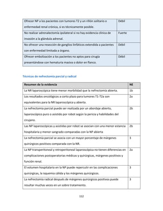 112
Ofrecer NP a los pacientes con tumores T2 y un riñón solitario o
enfermedad renal crónica, si es técnicamente posible.
Débil
No realizar adrenalectomía ipsilateral si no hay evidencia clínica de
invasión a la glándula adrenal.
Fuerte
No ofrecer una resección de ganglios linfáticos extendida a pacientes
con enfermedad limitada a órgano.
Débil
Ofrecer embolización a los pacientes no aptos para cirugía
presentándose con hematuria masiva o dolor en flanco.
Débil
Técnicas de nefrectomía parcial y radical
Resumen de la evidencia NE
La NR laparoscópica tiene menor morbilidad que la nefrectomía abierta. 1b
Los resultados oncológicos a corto plazo para tumores T1-T2a son
equivalentes para la NR laparoscópica y abierta.
2a
La nefrectomía parcial puede ser realizada por un abordaje abierto,
laparoscópico puro o asistido por robot según la pericia y habilidades del
cirujano.
2b
Las NP laparoscópicas y asistidas por robot se asocian con una menor estancia
hospitalaria y menor sangrado comparadas con la NP abierta
2b
La nefrectomía parcial se asocia con un mayor porcentaje de márgenes
quirúrgicos positivos comparada con la NR.
3
La NP transperitoneal y retroperitoneal laparoscópica no tienen diferencias en
complicaciones postoperatorias médicas y quirúrgicas, márgenes positivos y
función renal.
2a
El volumen hospitalario en la NP puede repercutir en las complicaciones
quirúrgicas, la isquemia cálida y los márgenes quirúrgicos.
3
La nefrectomía radical después de márgenes quirúrgicos positivos puede
resultar muchas veces en un sobre tratamiento.
3
 